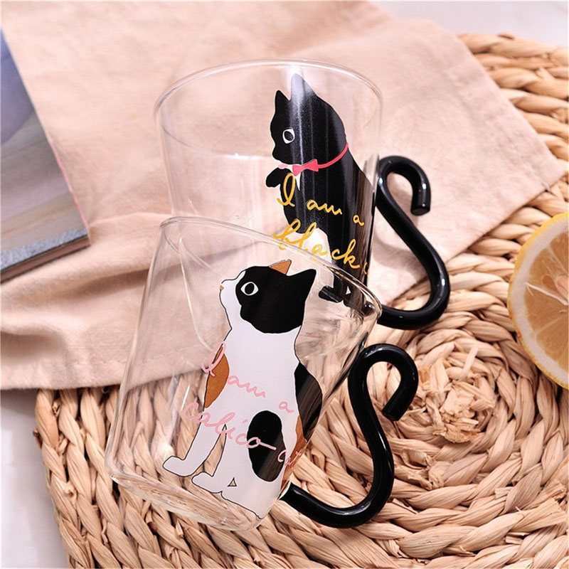 Personality Glass Water Cup Korean Japanese Style 3D Cat Printed